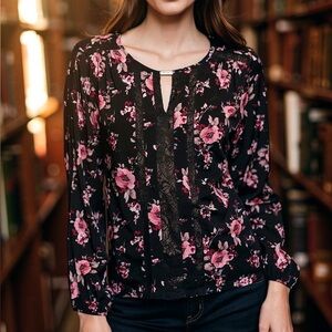 White House Black Market Floral Blouse Long Sleeve, Pintuck Lace Trim, Size L